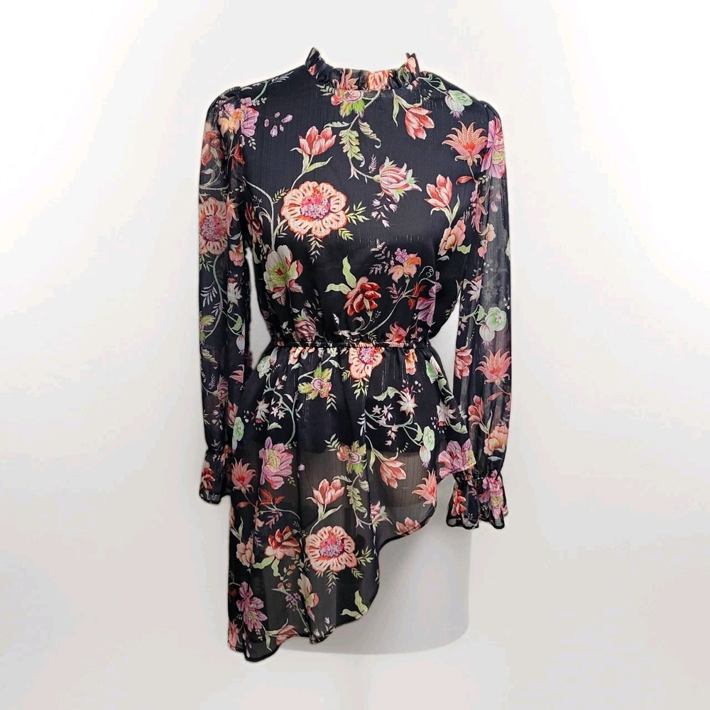 Lea & Viola Floral Chiffon Ruffle High Neck Asymmetrical Long Sleeve S Blouse